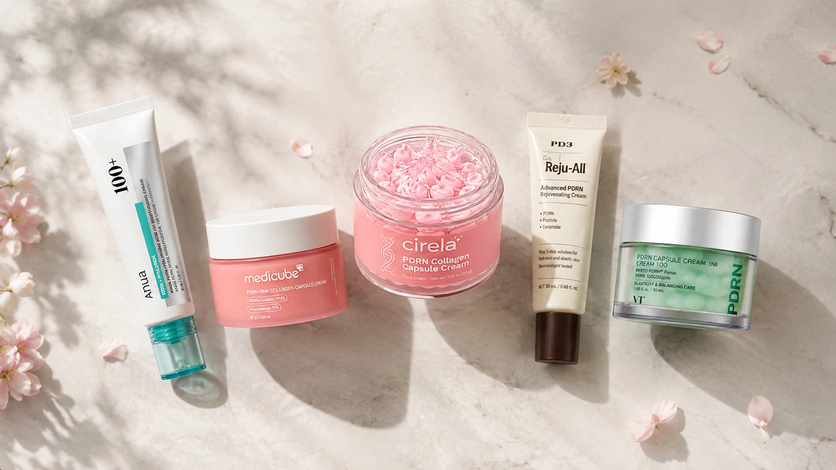 Comparison image showing the five PDRN skincare products reviewed in this ranking