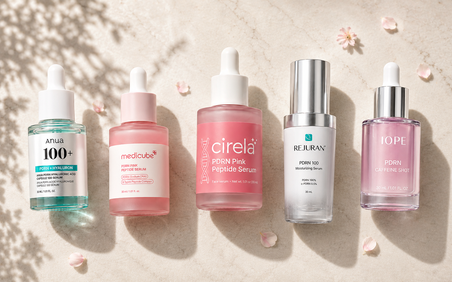 Comparison lineup showing Anua, Medicube, Cirela, Rejuran and IOPE serums